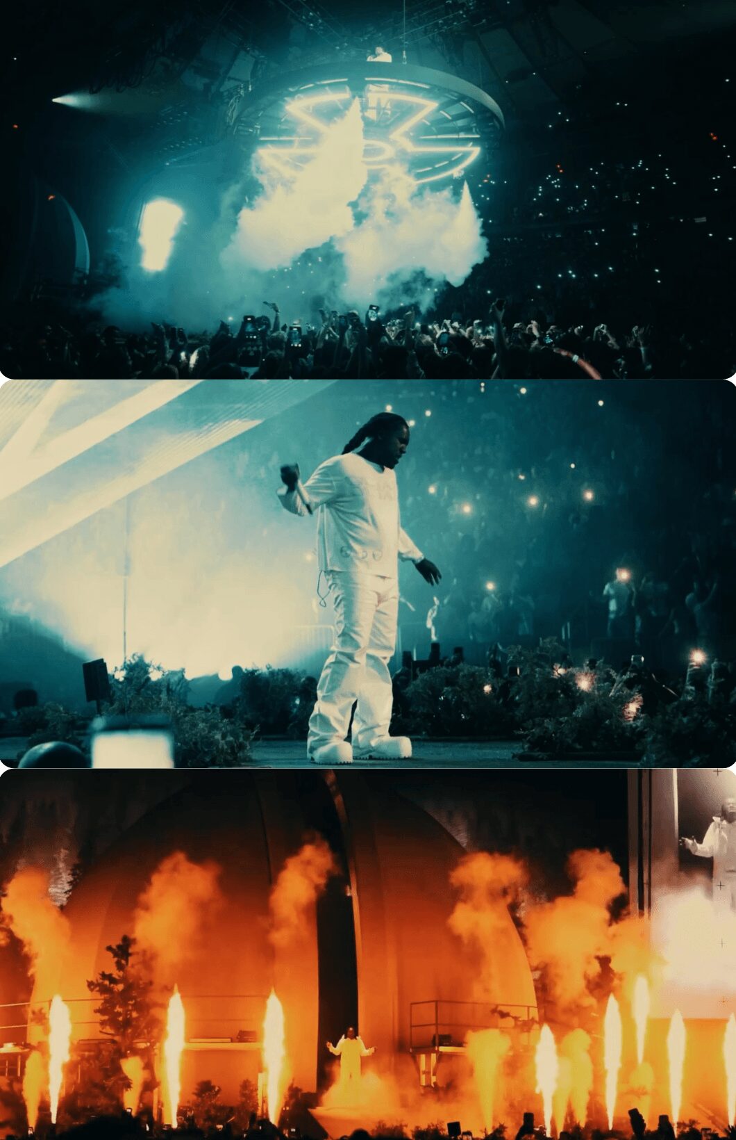 Concert scene with stage lights, performer in white, and fire effects, with audience in front.