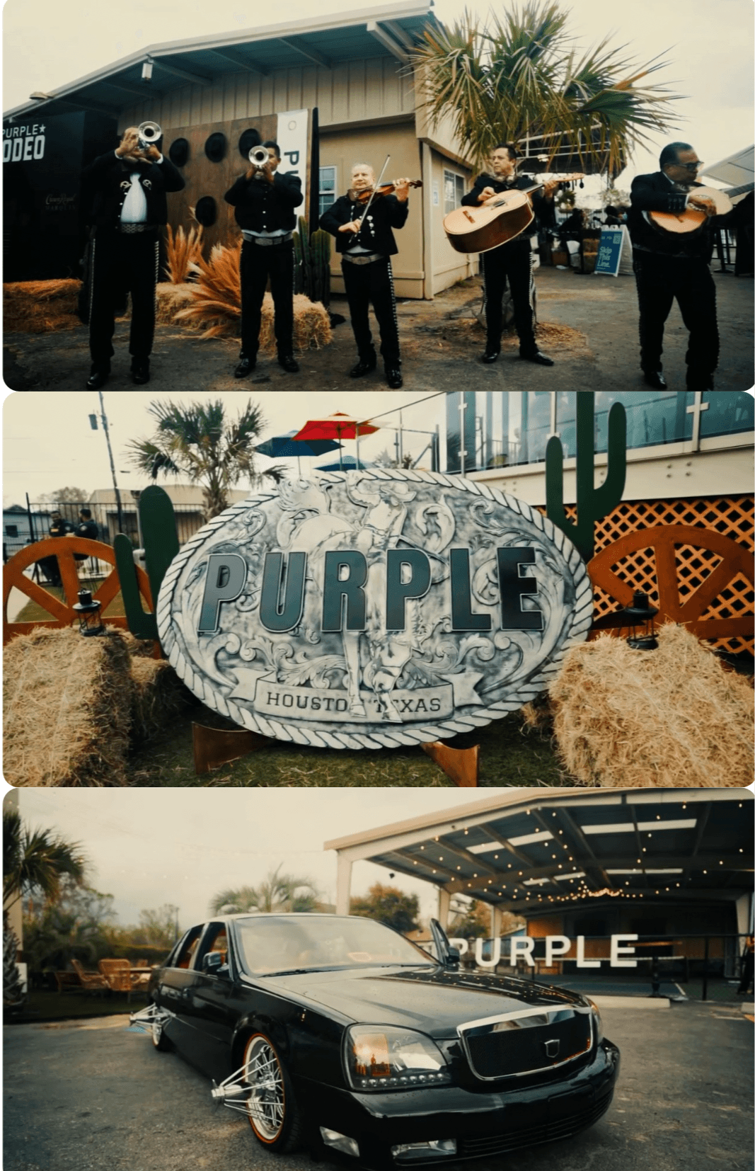 Group of musicians playing outdoors, a sign reading 'PURPLE' with cactus, and a black car parked outside a building.