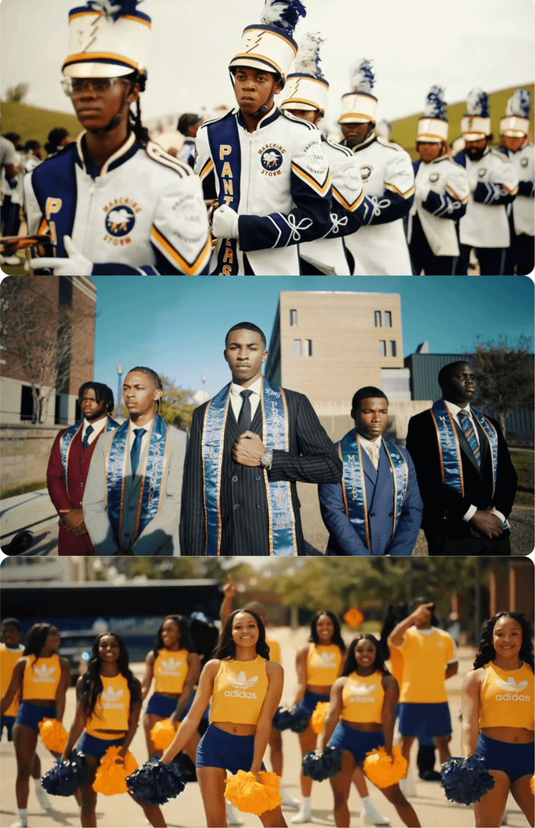Three groups of people, including marching band members, students, and cheerleaders, outdoors in different settings.