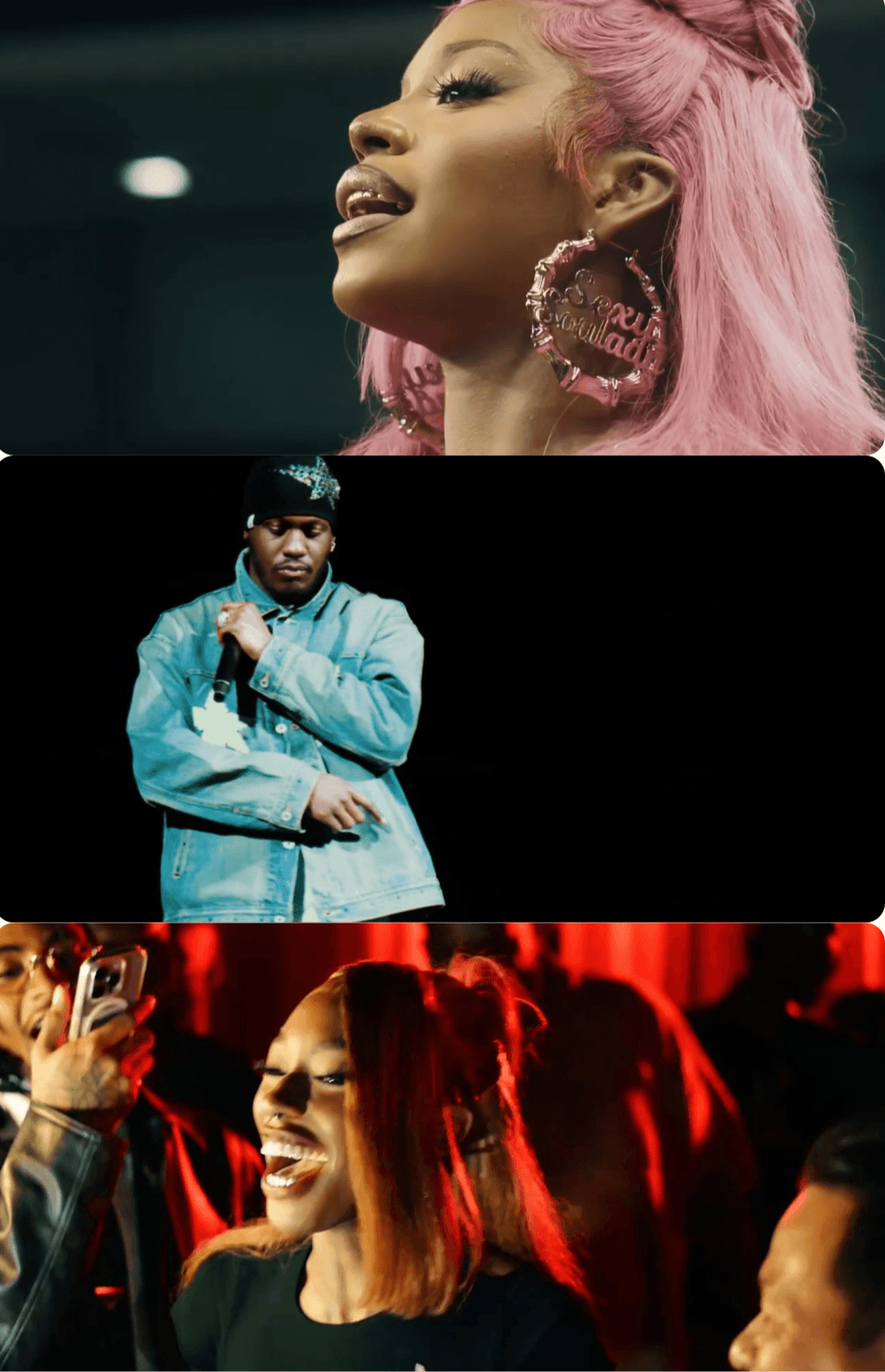 Three people in different settings: a woman with pink hair and large earrings, a person in a blue jacket, and a woman with red hair smiling at a party.
