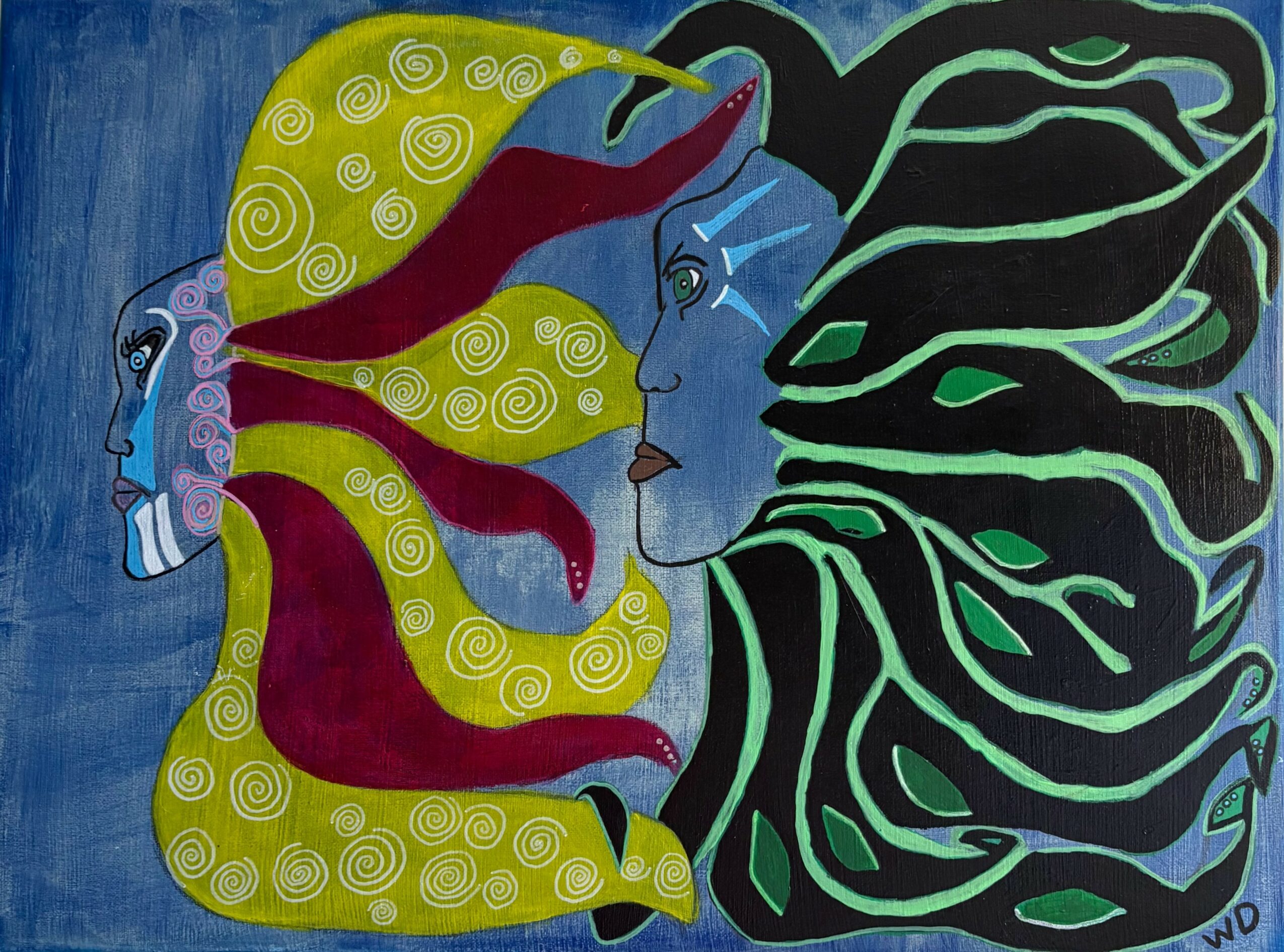 Two stylized faces with flowing hair, one with yellow and red hair, the other with black and green hair, facing each other.