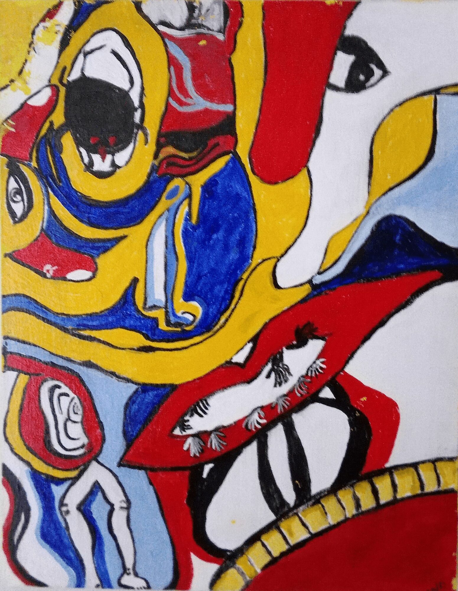 Abstract colorful artwork with faces, eyes, lips, and various shapes in red, yellow, blue, black, and white.