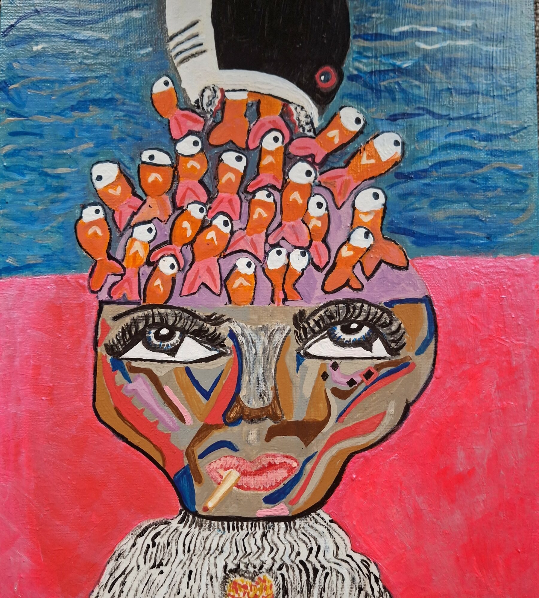 A colorful abstract painting of a face with numerous small orange figures on top, set against a pink and blue background.