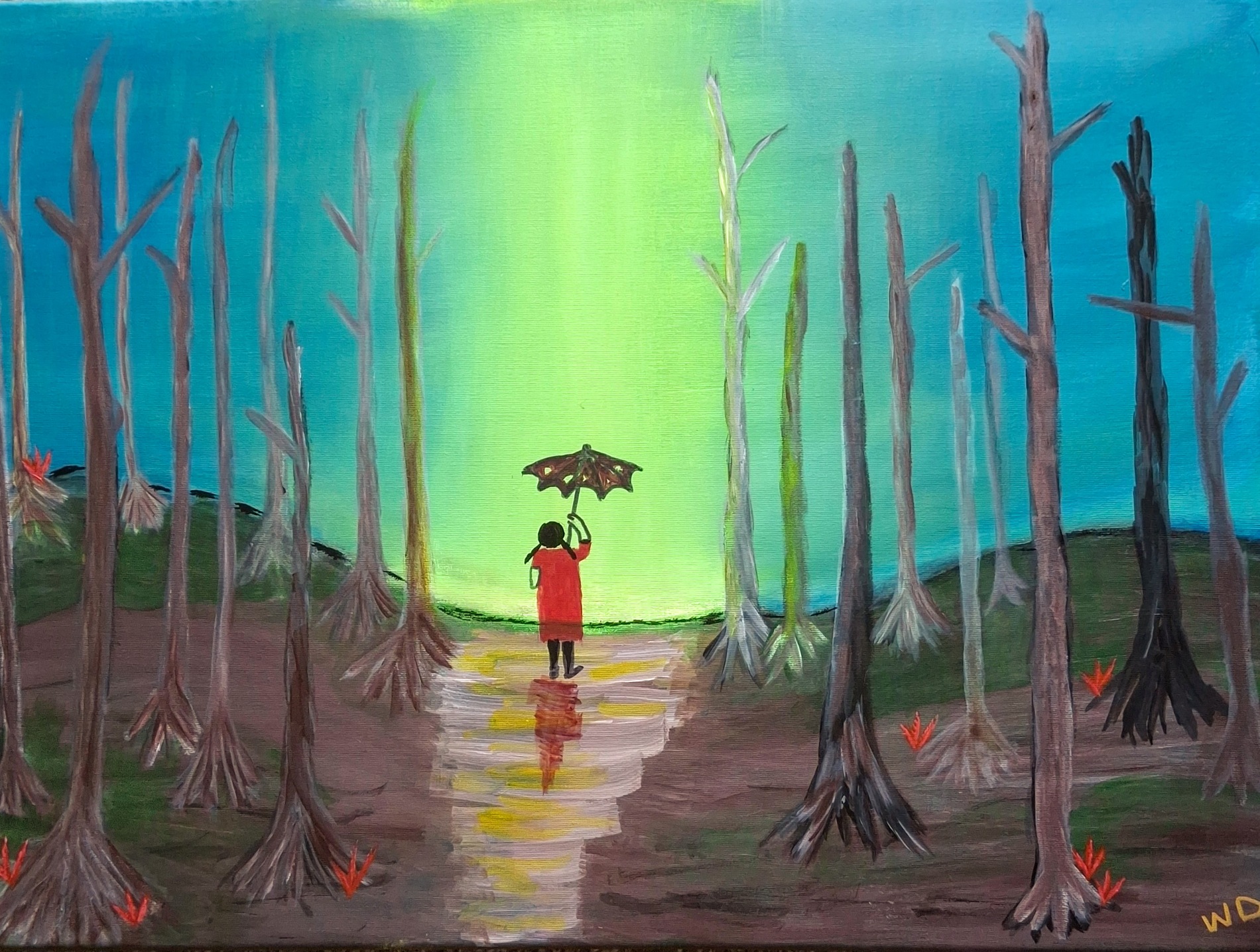 Child in red coat holding an umbrella walking on a path through a forest with tall, leafless trees and a green sky.