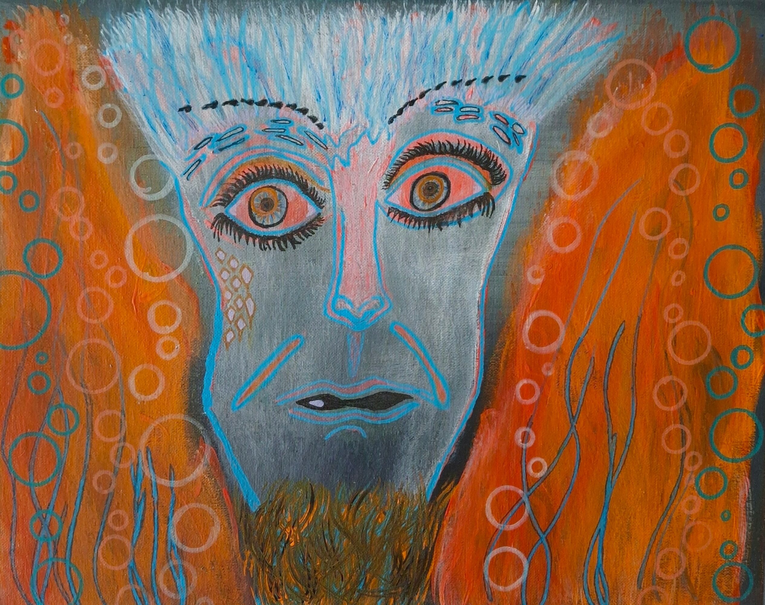 Abstract portrait of a face with wide eyes, blue and orange colors, surrounded by circular patterns.