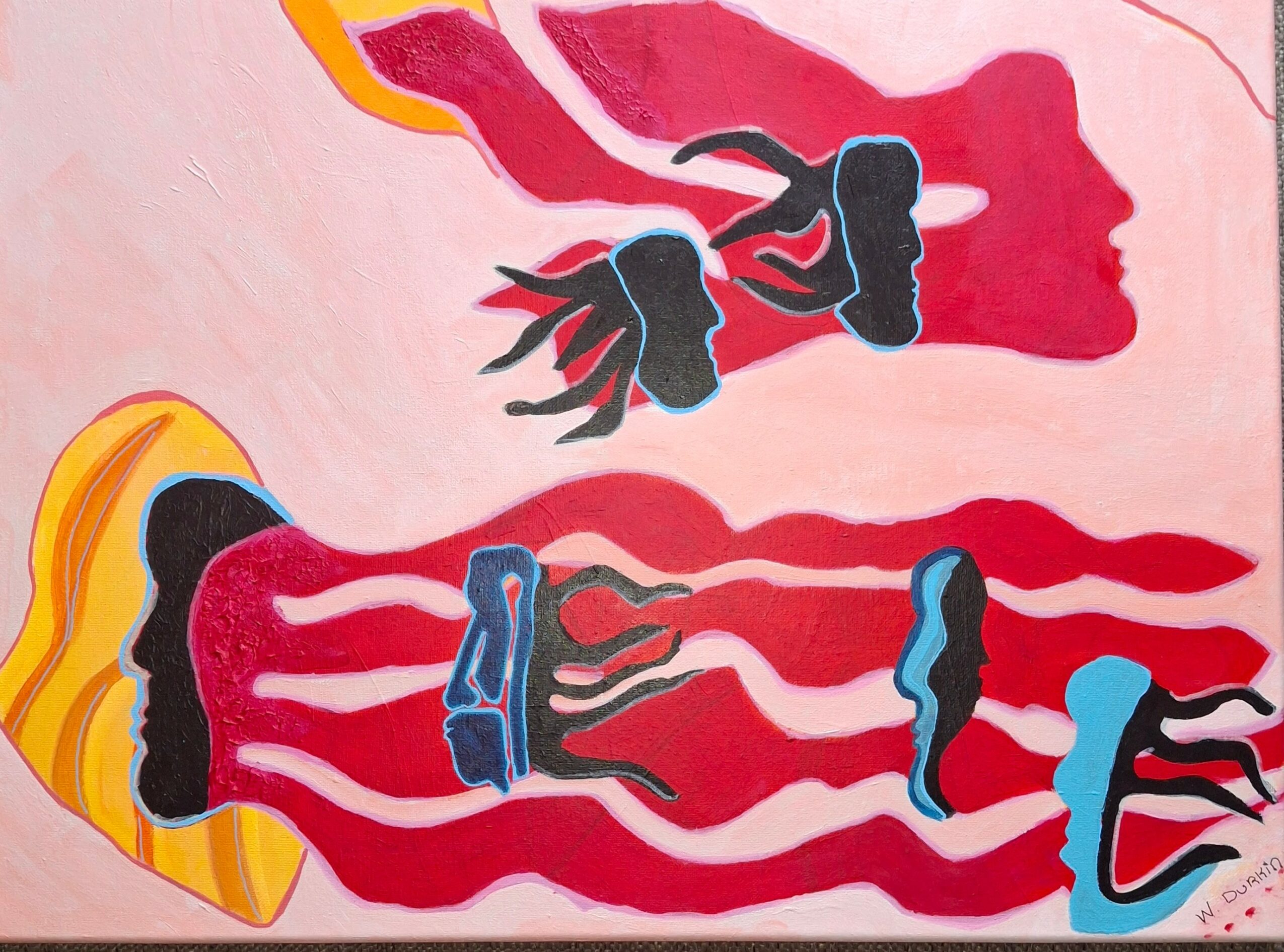 Abstract painting with black, blue, and red shapes on a pink background, resembling stylized figures or objects.