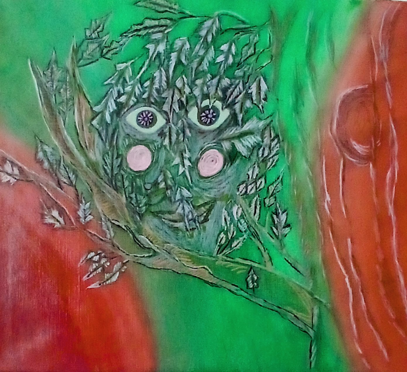 Abstract face with two circular eyes, pink cheeks, surrounded by green leaves and a brown branch, with a red and green background.