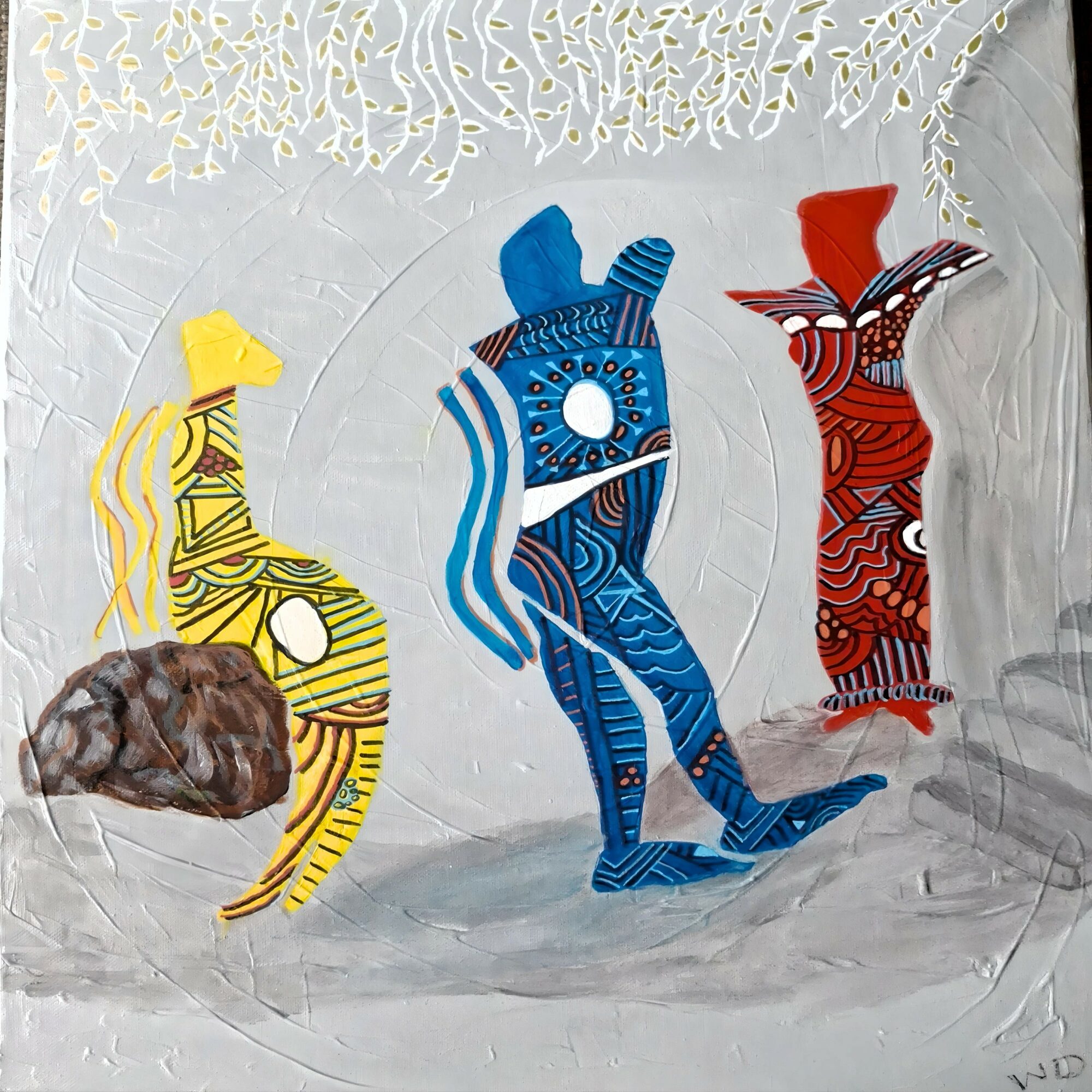 Three abstract figures with patterned clothing and a rock, set against a light background with decorative elements at the top.