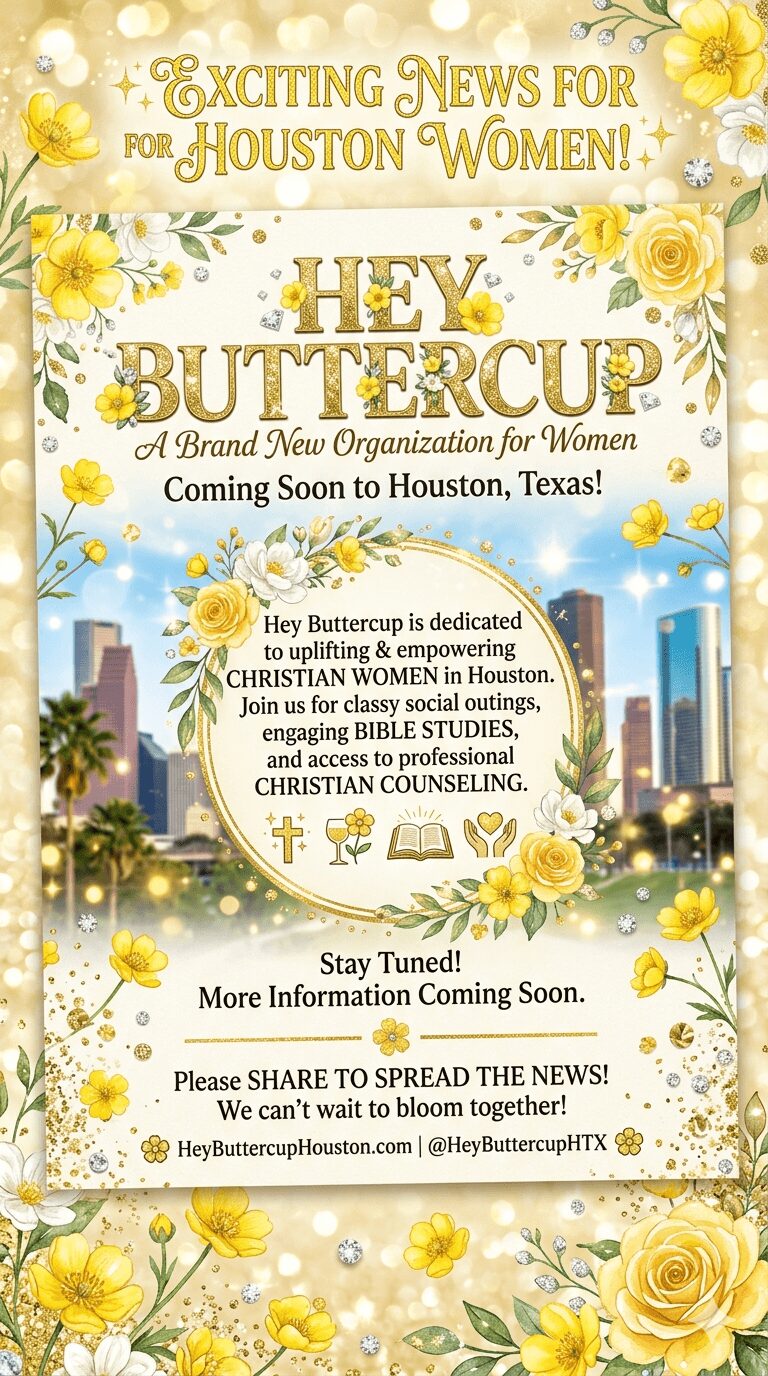 Announcement for Houston women about a new organization, with yellow flowers, stars, and a blue sky background.