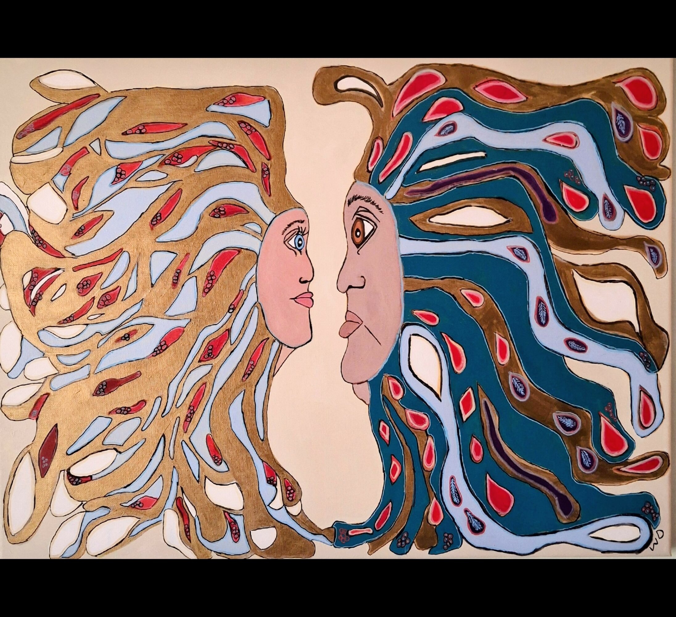 Two women face each other with flowing hair blending into abstract patterns, one with light hair and the other with dark hair.