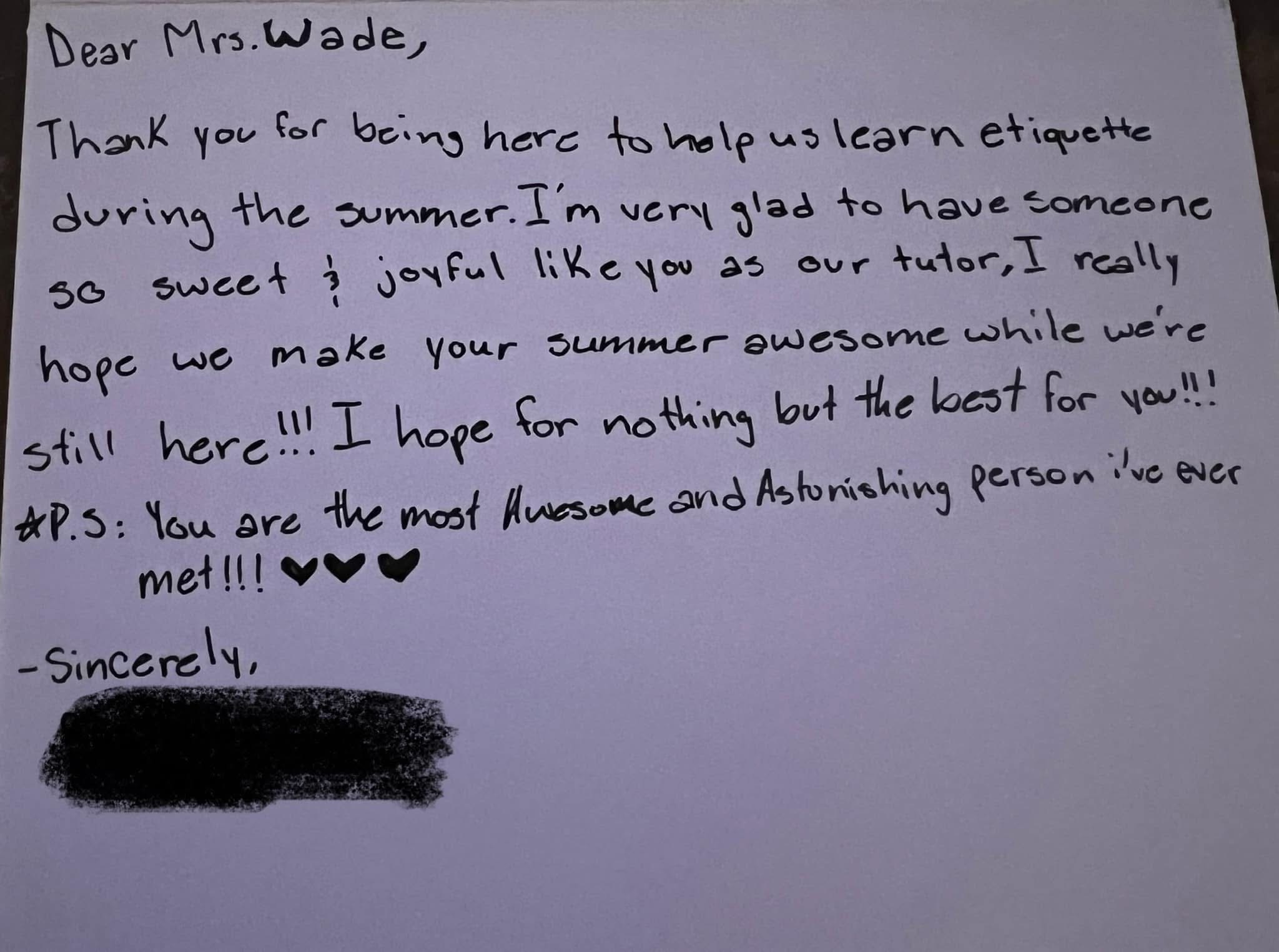Handwritten note addressed to Mrs. Wade, expressing gratitude and well wishes for summer, signed with hearts and a name.