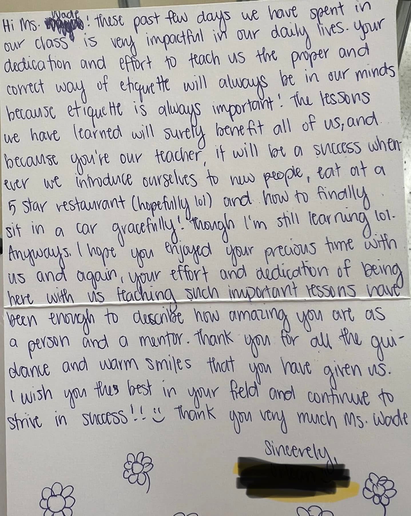 Handwritten letter expressing gratitude and sharing lessons learned, with two flower doodles at the bottom, 174 words, confidence 0.9