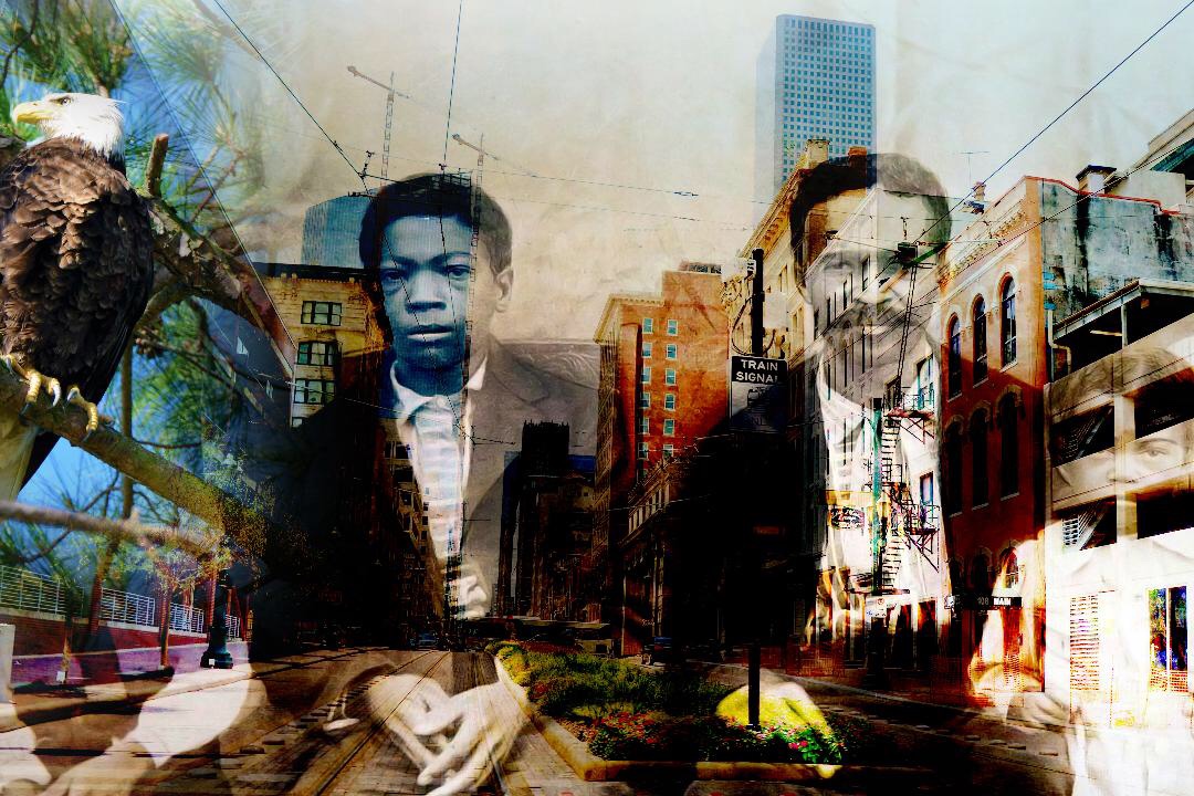 Overlay of two men in suits with city buildings and street scene in the background.