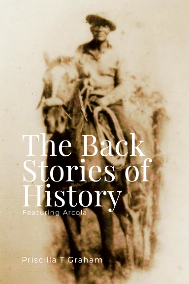 Sepia-toned photo of a person sitting on a horse, with text overlay about history stories and author, Priscilla J Graham.