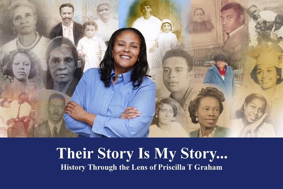 Smiling woman in blue shirt in front of a collage of historical black-and-white photos of diverse people.