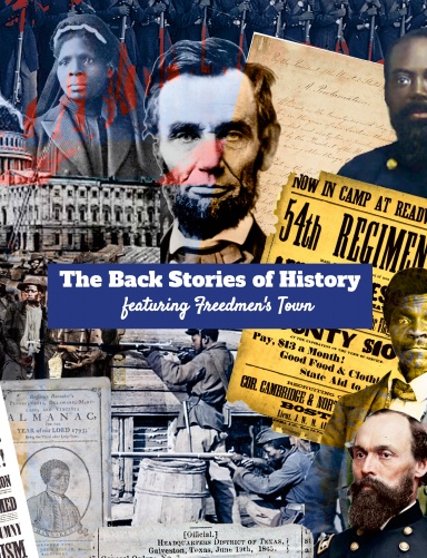 Collage of historical figures, documents, and scenes related to American history, including Abraham Lincoln, soldiers, and a newspaper headline.
