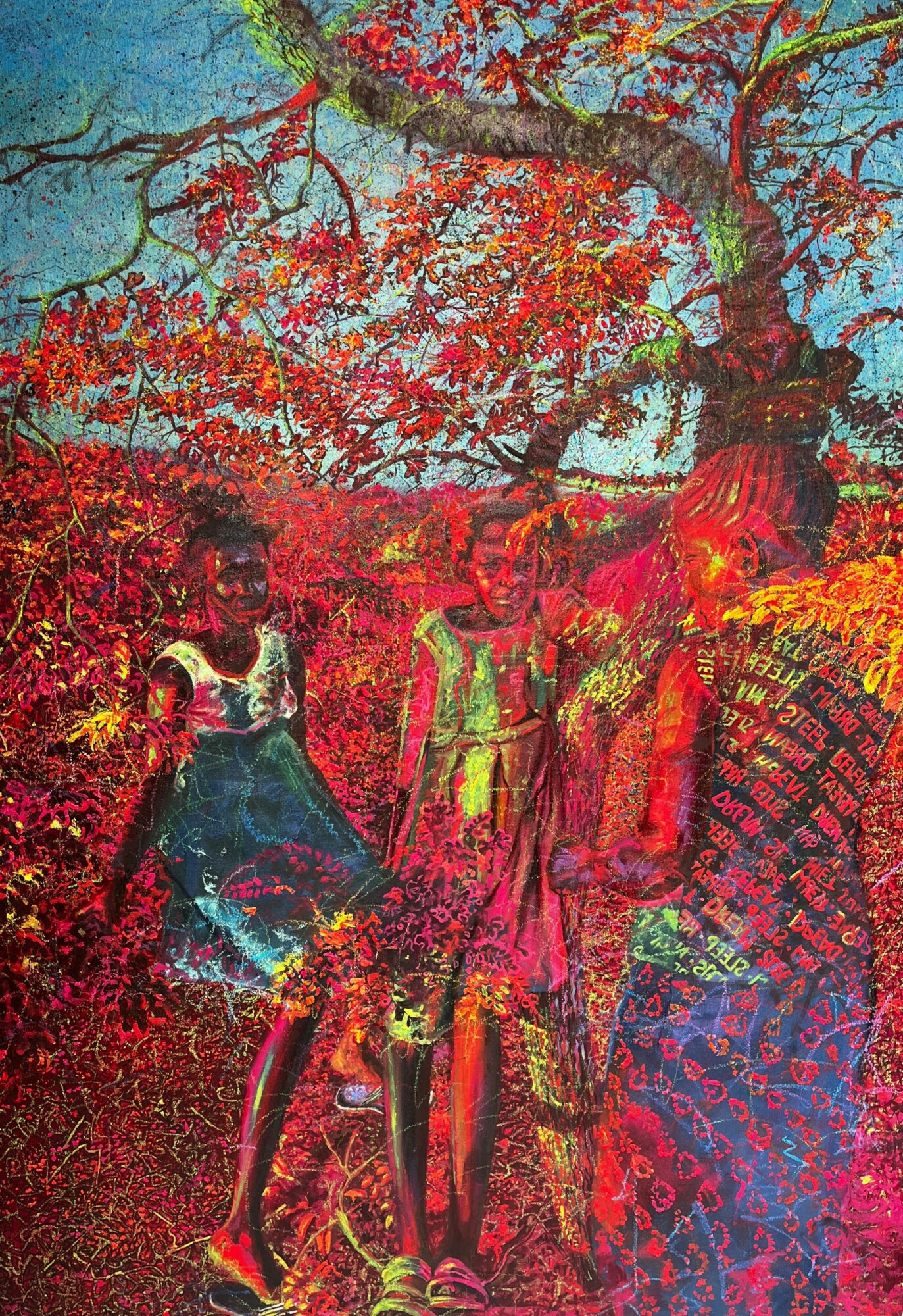 Three people walking outdoors among trees with colorful autumn leaves, wearing casual clothing, in a natural setting.