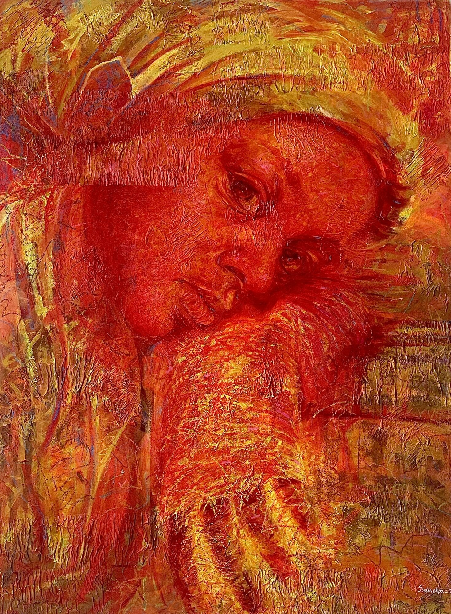 Portrait of a person with a contemplative expression, resting their head on their hand, painted in warm red and orange tones.