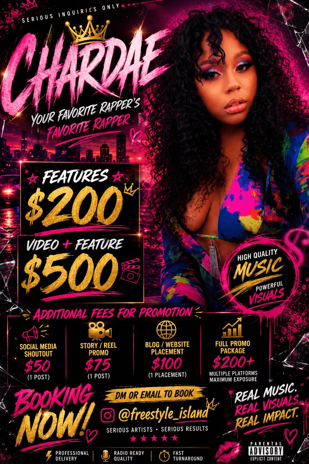Young woman with curly hair and colorful clothing, promotional poster with text about features and booking details.