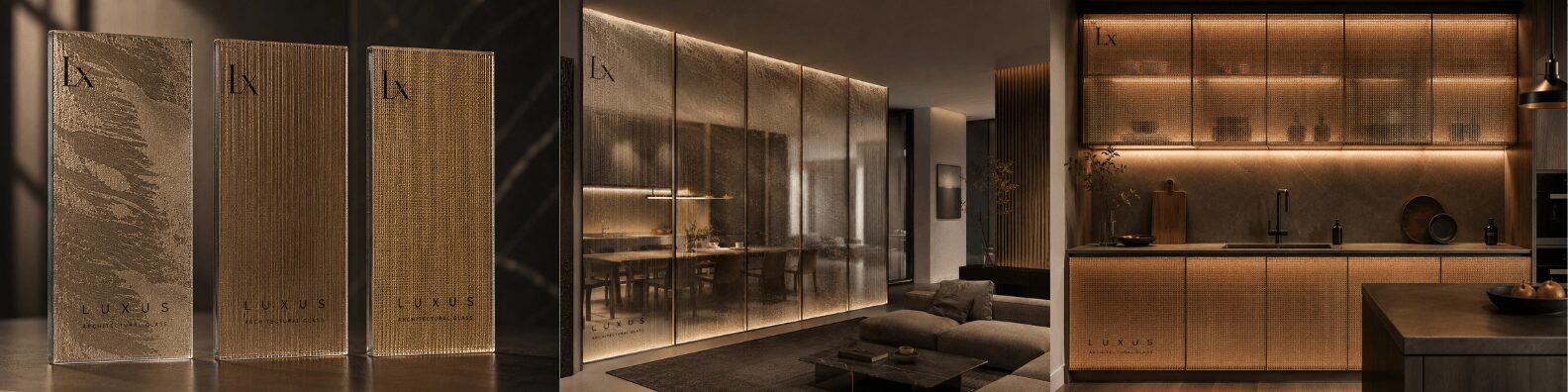 Shelves with books and display cases in a modern interior space, warm lighting, and wooden accents.