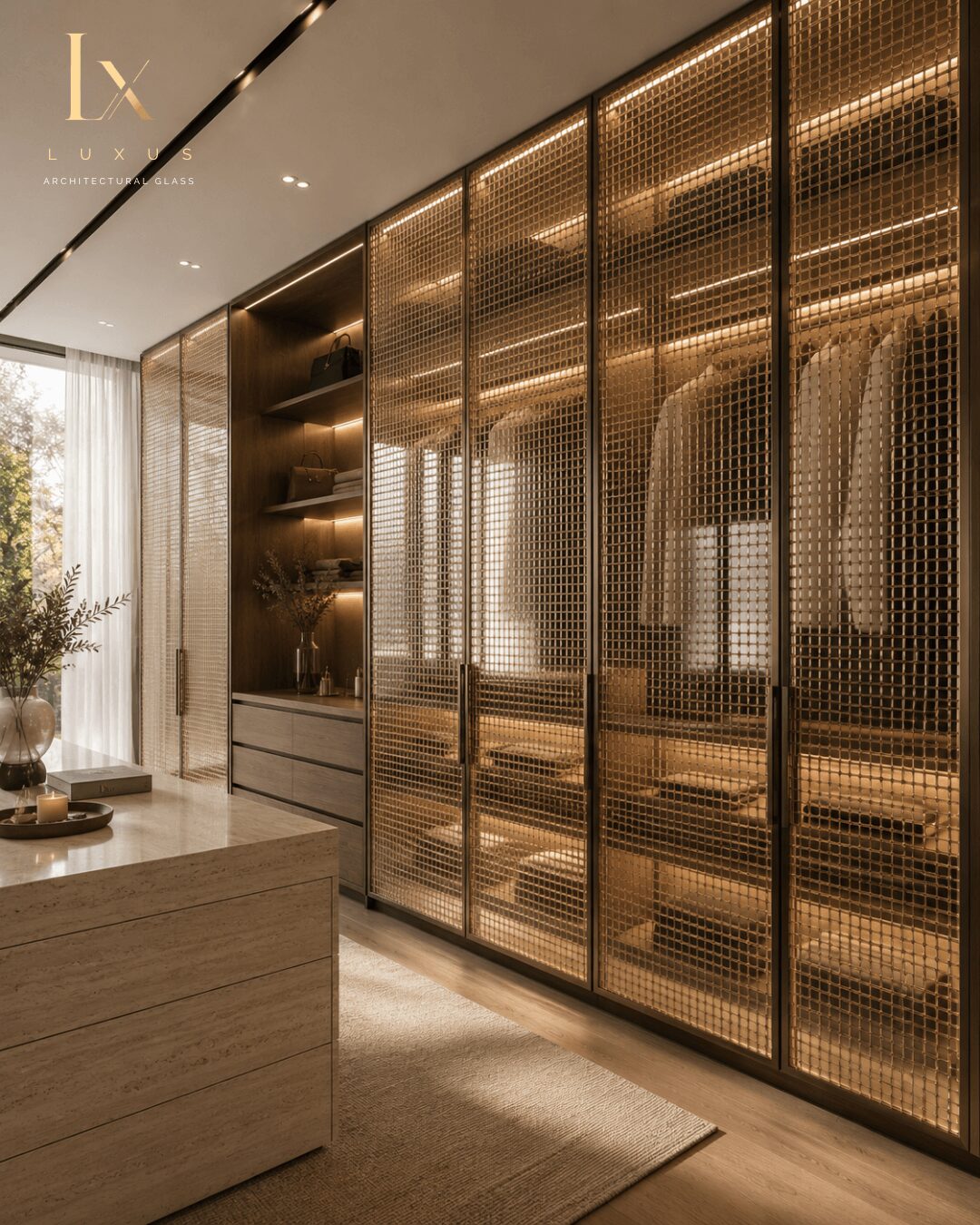 Closet with glass doors, hanging clothes, and interior lighting, in a modern room with a window and a plant.