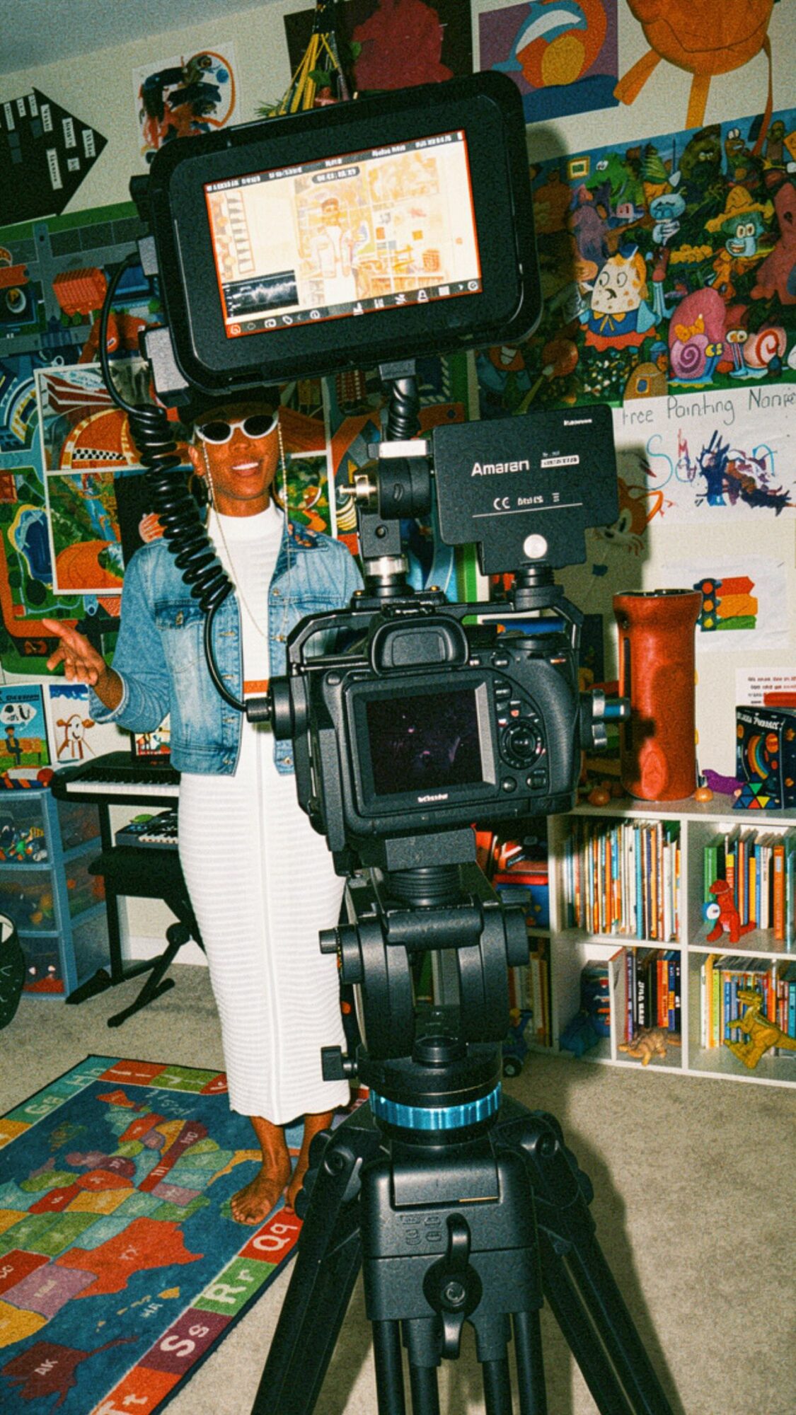 Camera setup in a room with colorful artwork and books, capturing a person wearing sunglasses and a denim jacket.