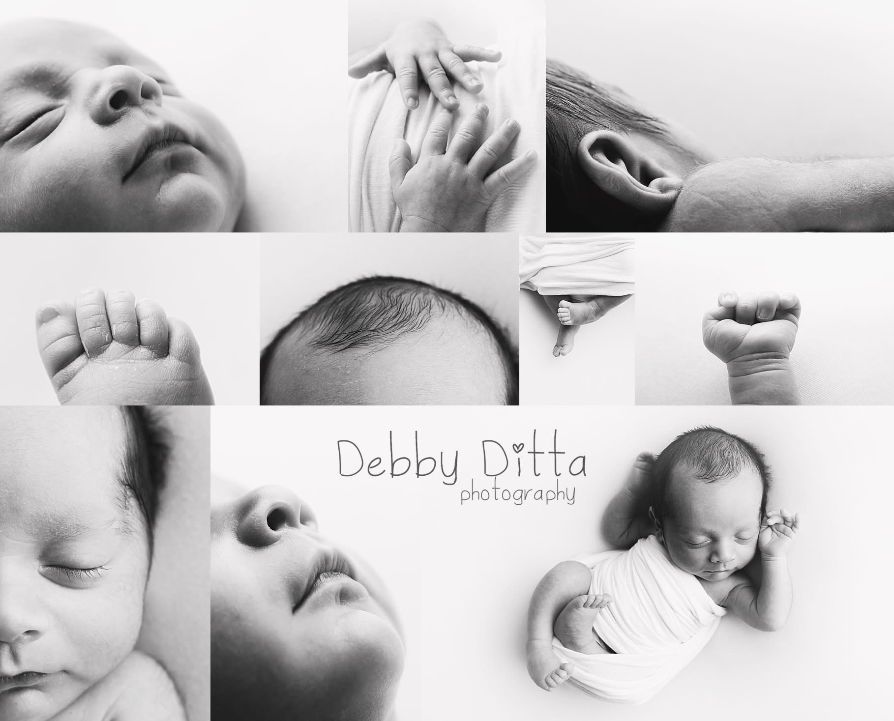 Collage of black and white photos of a sleeping baby, hands, and a young girl lying down, with text 'Debby Ditta photography'.