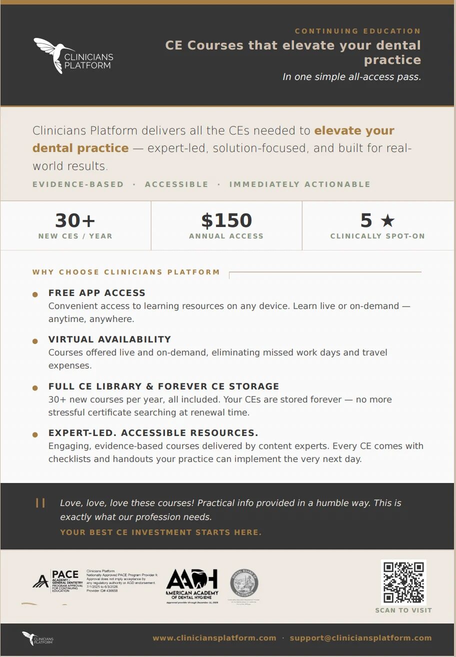 Dental education flyer promoting CE courses, pricing, and resources for clinicians, with logos and contact info at the bottom.