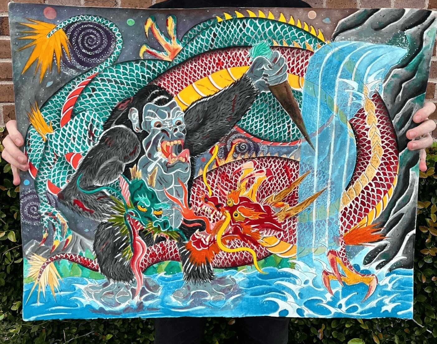 Colorful painting of a dragon, waterfall, and mythical creatures with water and rocky background.