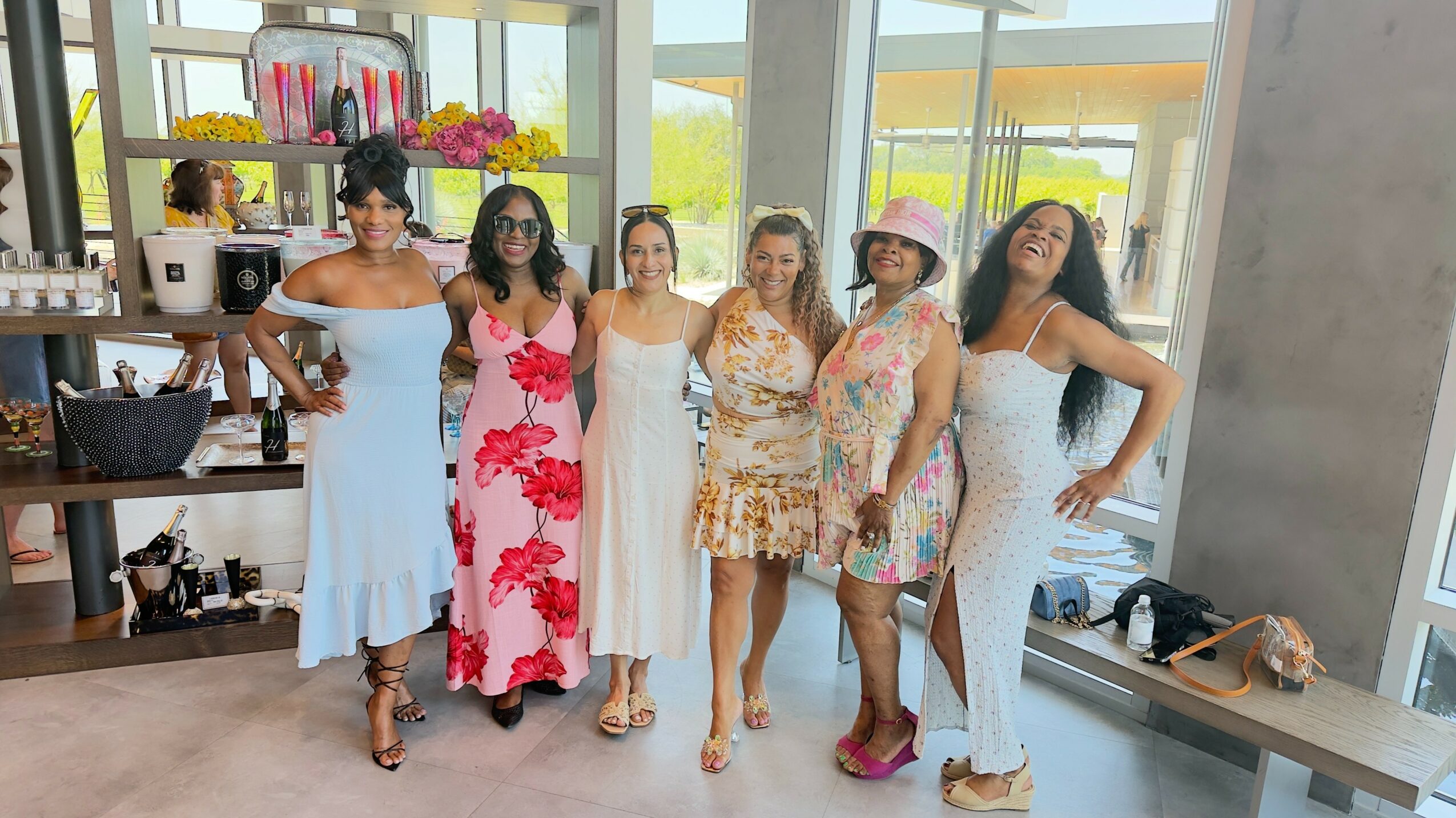Six women standing together indoors, smiling, with large windows and shelves in the background.