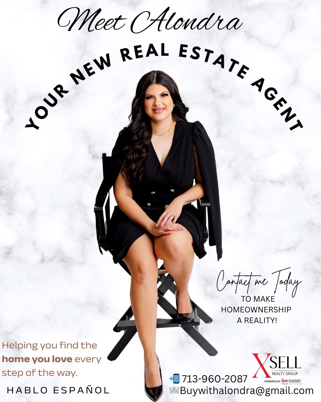 Woman sitting on a chair, promoting real estate agent services, with text about homeownership and contact information.