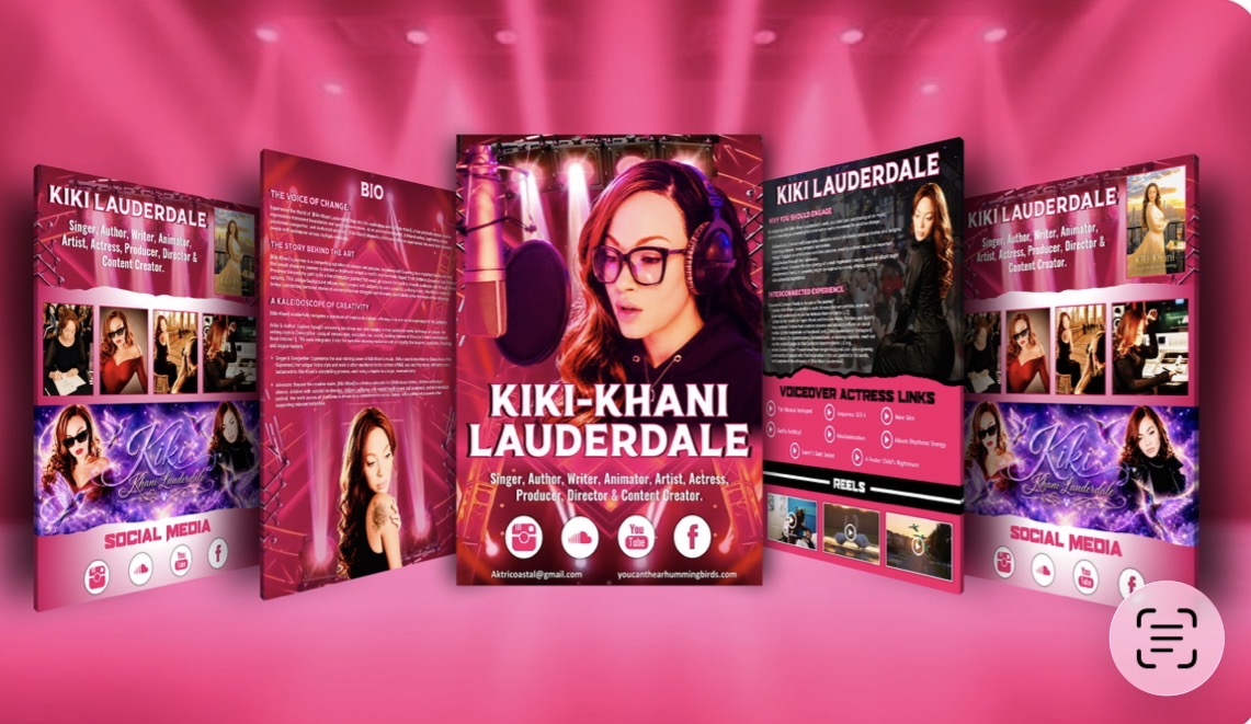 Promotional flyer for Kiki-Khanii Lauderdale featuring a woman with glasses, pink background, and event details.