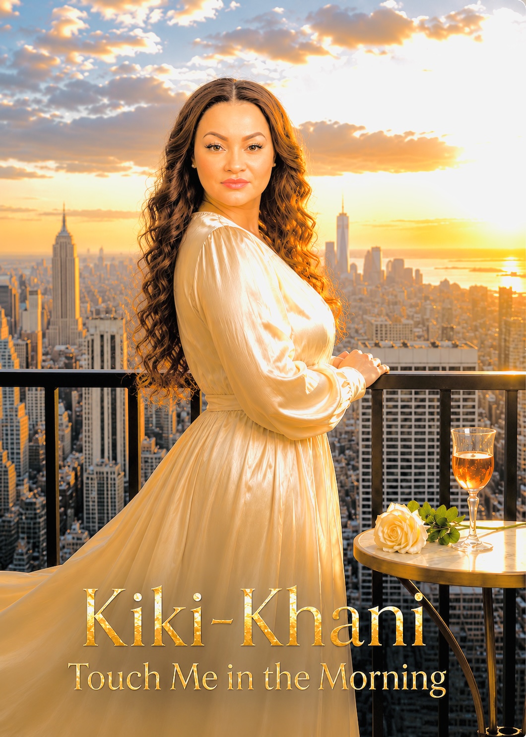 Woman in a cream dress on balcony with city skyline and sunset behind her, holding a glass of wine.