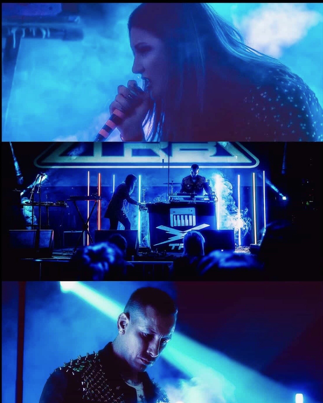 A woman singing into a microphone on stage with blue lighting, a DJ, and audience in the background.