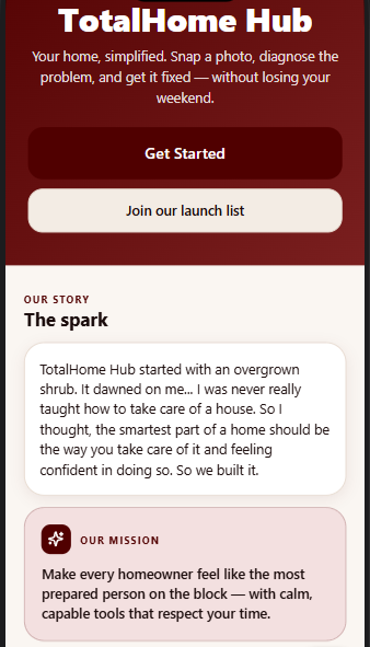 Mobile app screen with red header, white buttons, and text about TotalHome Hub and its story.
