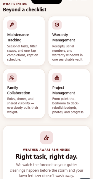 Screenshot of a mobile app page with sections on checklist, warranty, collaboration, project management, and weather reminders.