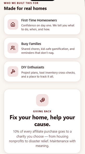 Screenshot of a webpage with sections about homeownership, family, DIY projects, and charity support.