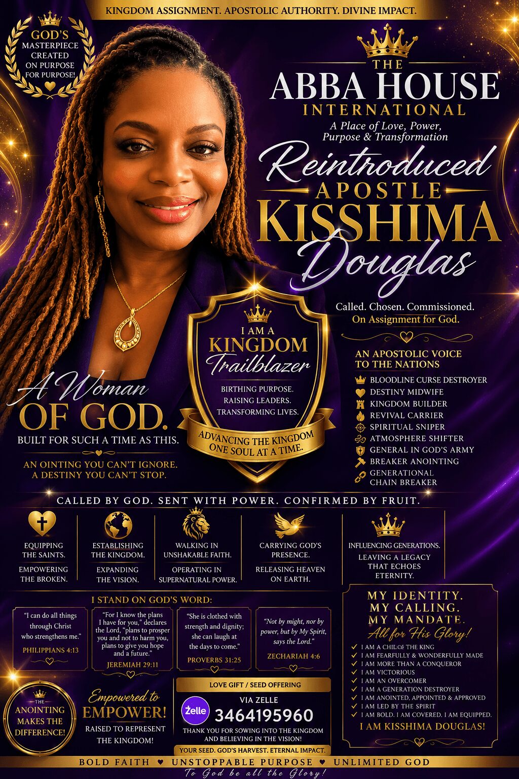 Promotional poster featuring a woman with braided hair, text about Abba House International and Kishima Douglas, and various religious messages.