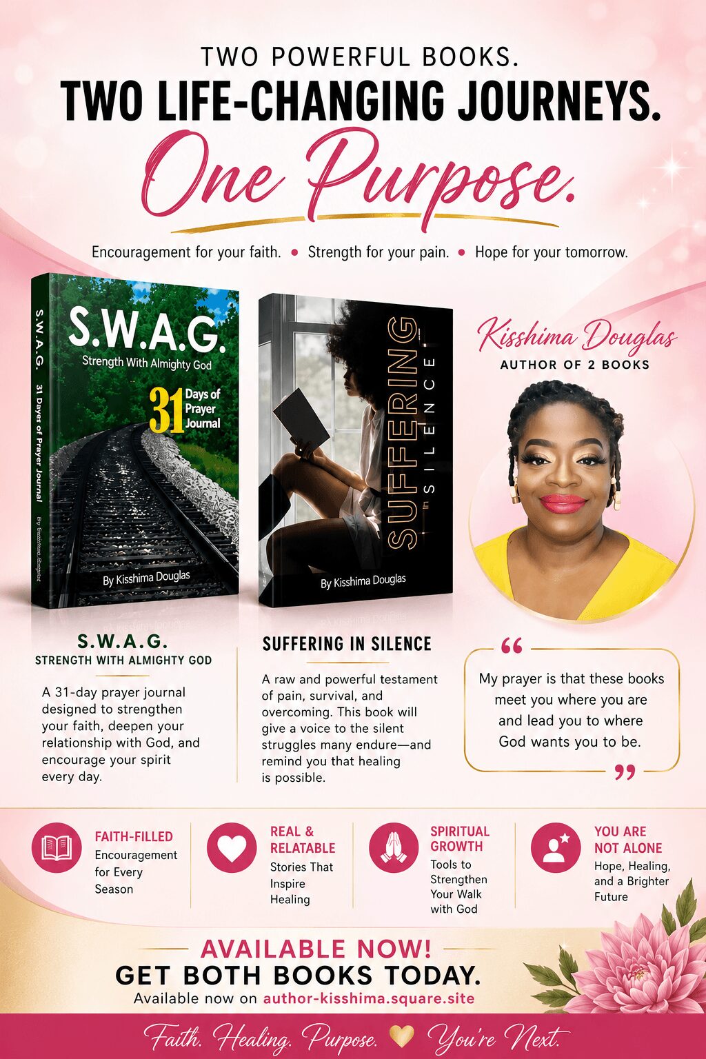 Book cover with title 'Two Life-Changing Journeys' and subtitle 'One Purpose,' featuring a woman smiling, and additional book images.