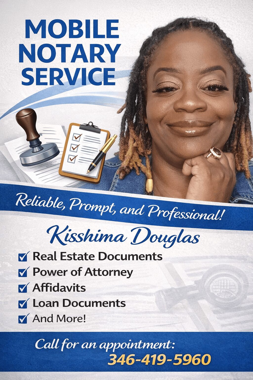 Woman with dreadlocks smiling, promoting mobile notary service, contact number, list of services, and slogan.