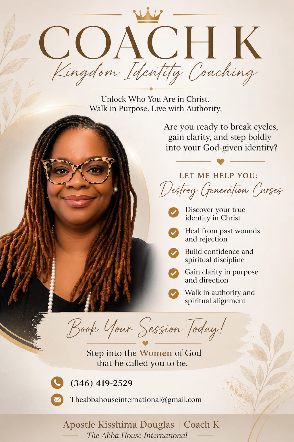 Portrait of a woman with glasses and long braided hair, smiling, with a gold crown logo and text about coaching and faith.