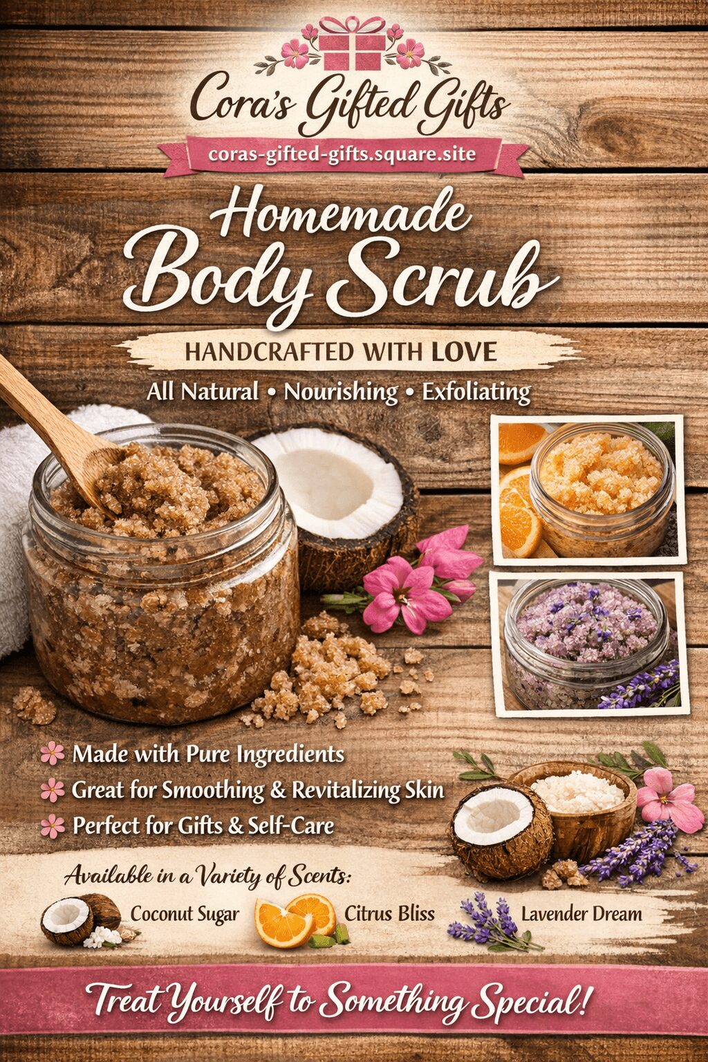 Label for homemade body scrub with jars of ingredients, flowers, and text about natural, nourishing, exfoliating scrub, with pink accents.