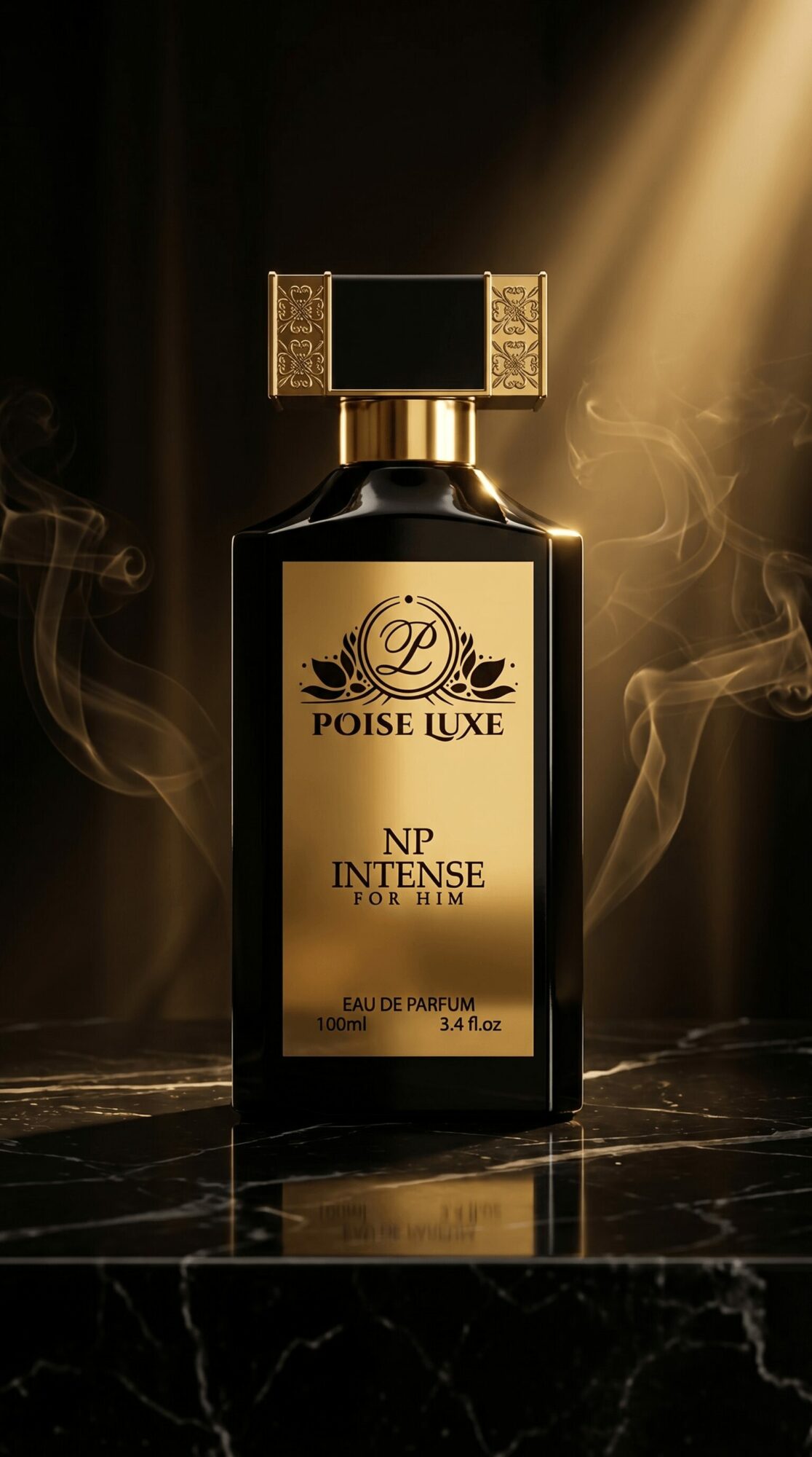 Black perfume bottle with gold label and cap, illuminated by a spotlight, on a dark marble surface.