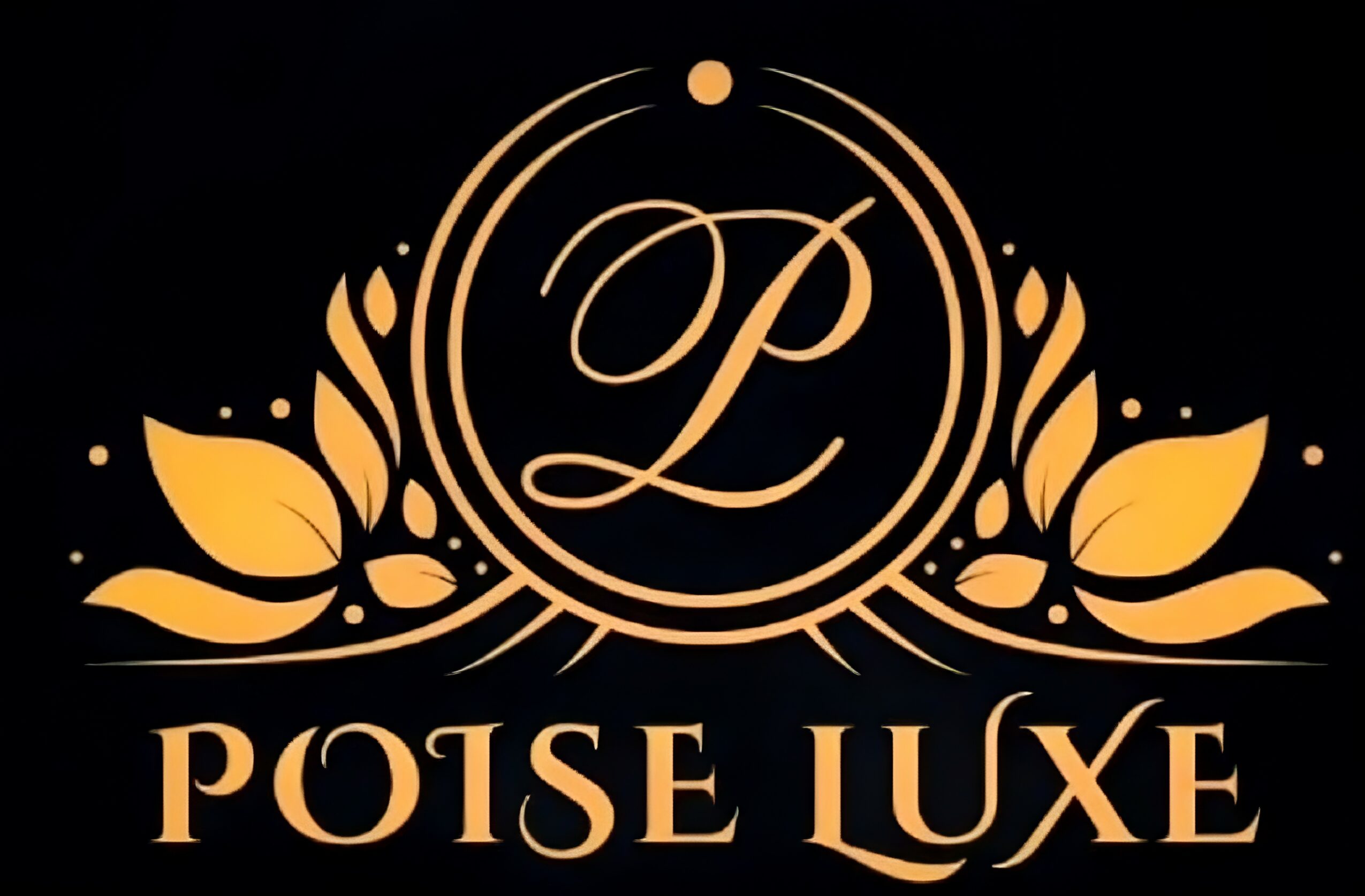 Elegant logo with a gold circular emblem, floral elements, and the text 'Poise Luxe' on a black background.