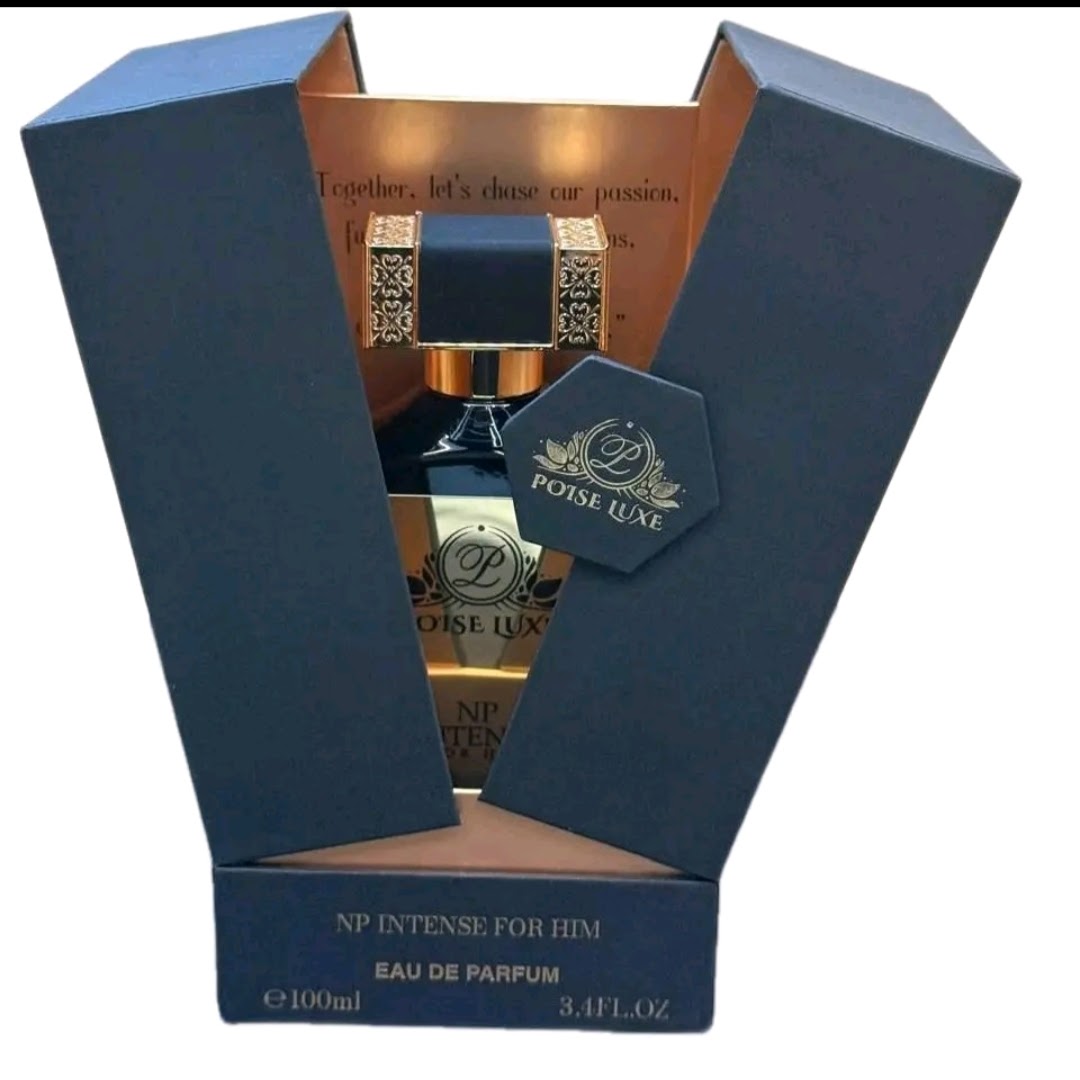 Blue box with perfume bottle inside, label reads 'Poise Luxe' and 'NP Intense for Him,' 100ml, 3.4 fl oz.
