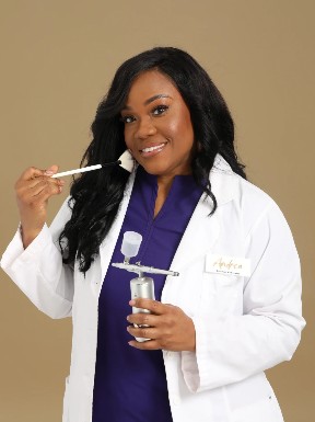 Woman in a white lab coat holding a test tube and a dropper, smiling, against a beige background.