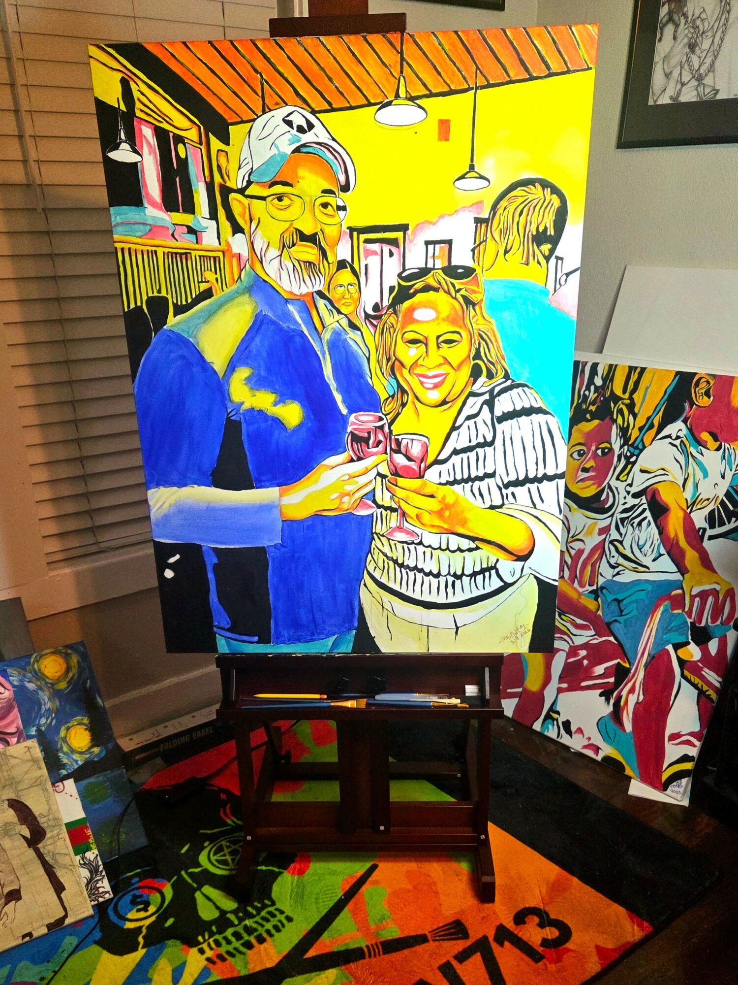 Colorful painting of two people smiling and holding drinks, with a bar background, vibrant yellow and blue tones.