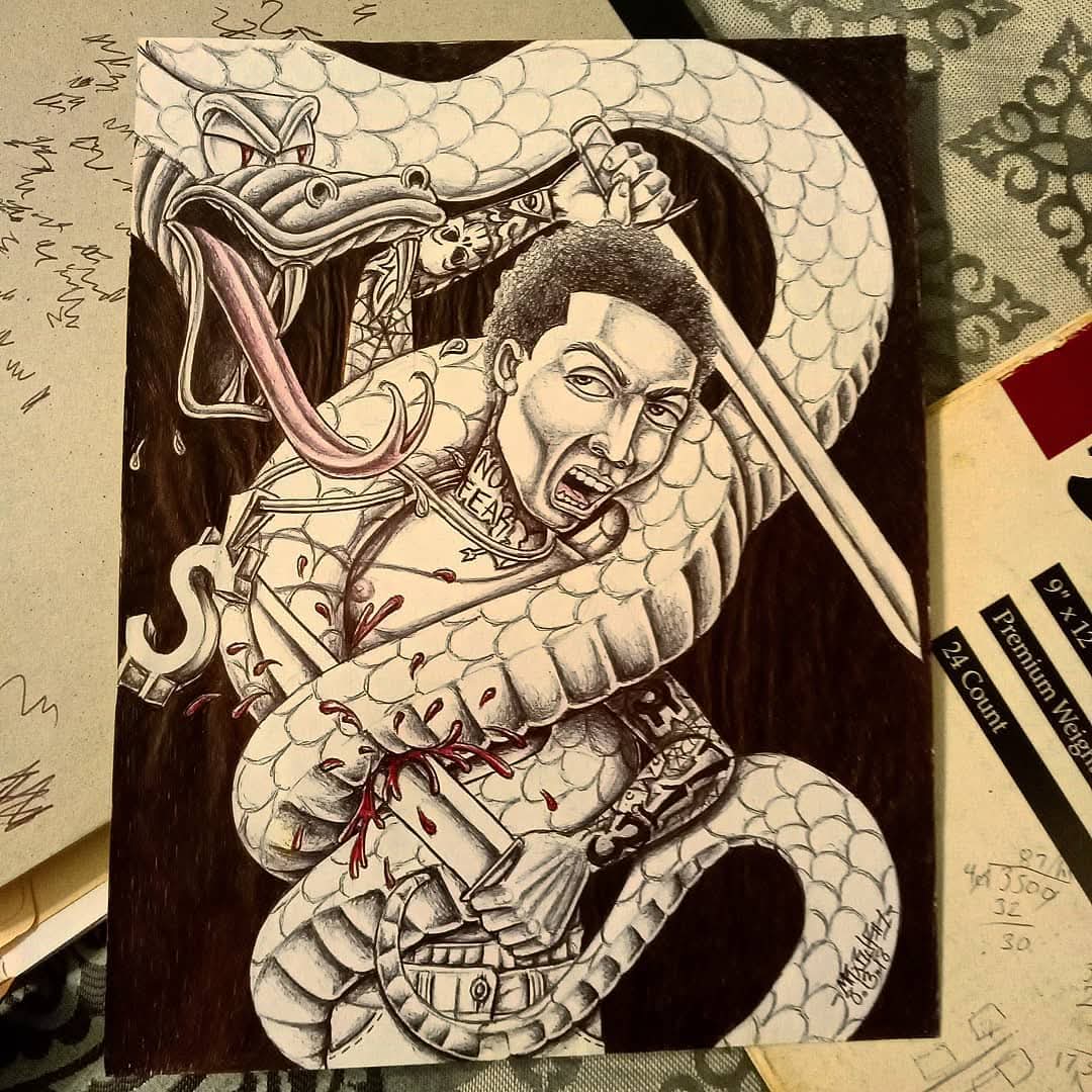 A detailed black and white drawing of a person with a snake wrapped around them, holding a knife with blood, and a dragon's head nearby.