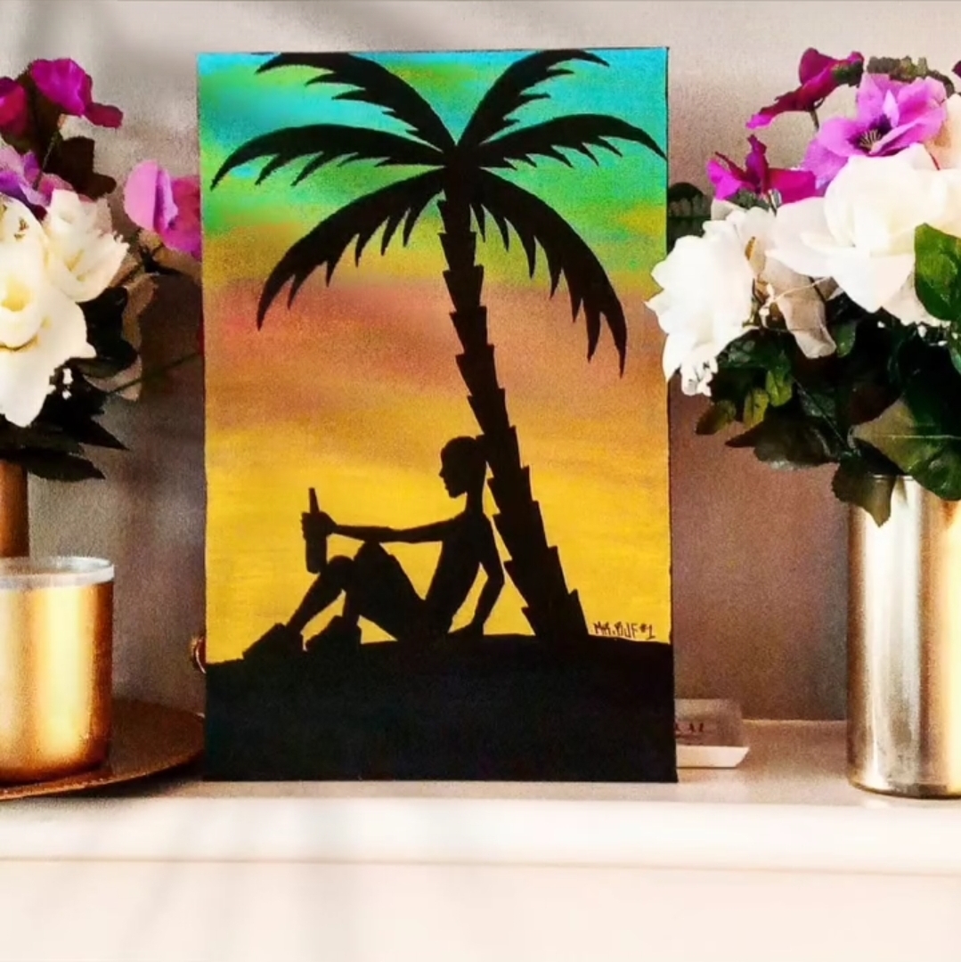 Silhouette of a person sitting under a palm tree with a colorful sunset background, flanked by flowers in vases.