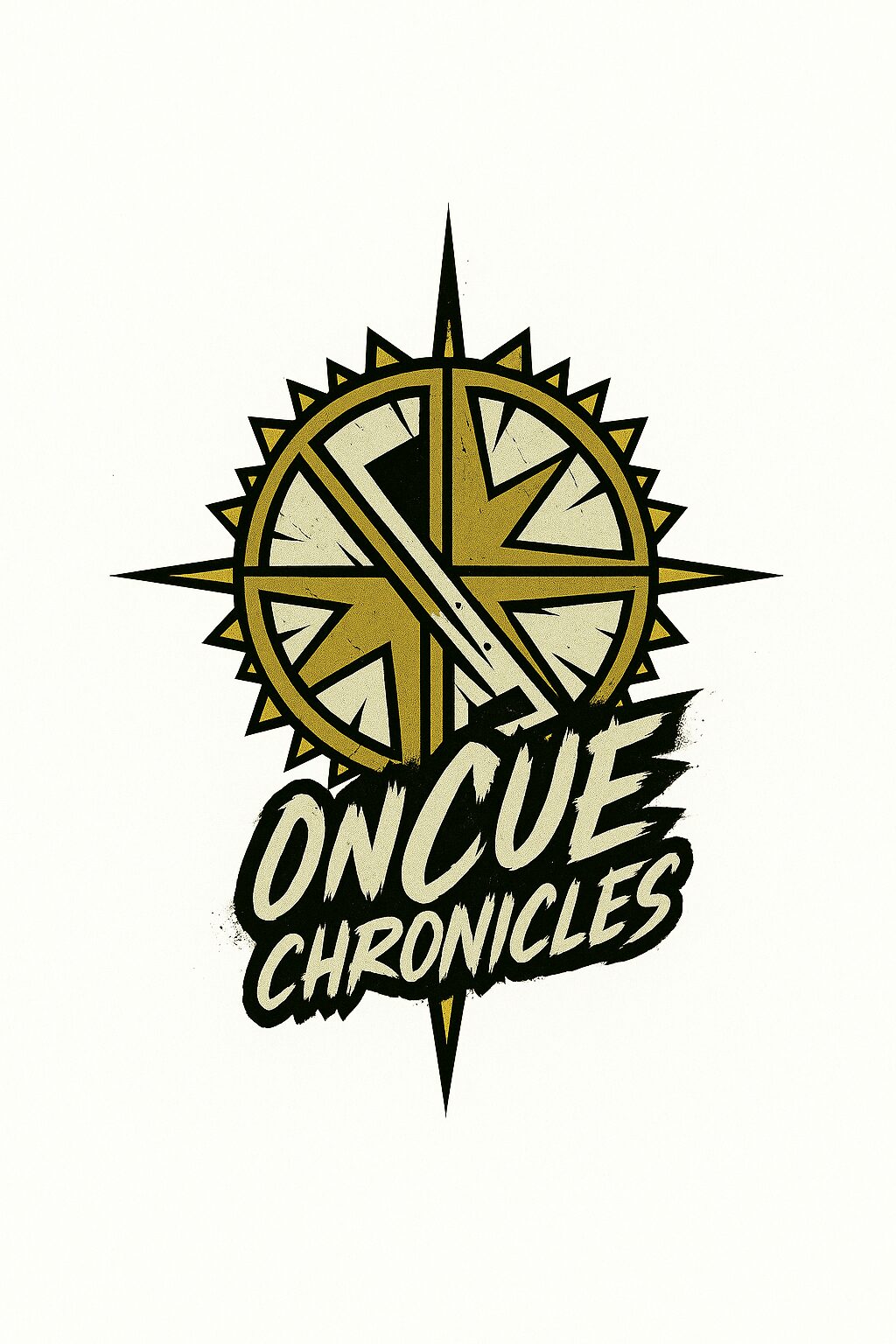 A stylized compass with a black and gold design, with the text 'ONCUE CHRONICLES' below it.